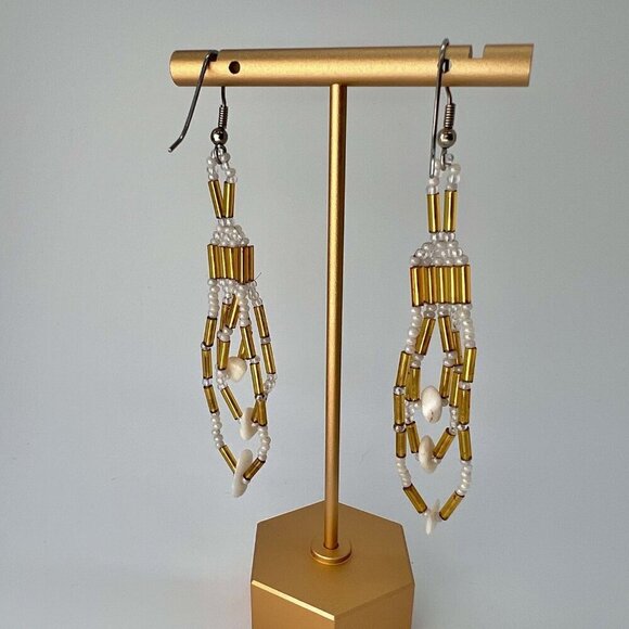 Handmade Gold & White Beaded Dangle Earrings Pierced Ears - Picture 3 of 7